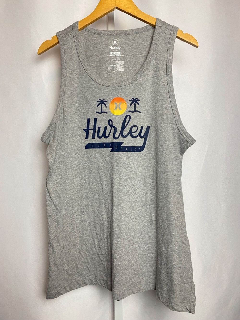 Hurley Menʻs Heather Grey Classic Palm Tree Sunset Graphic Tank Top Medium